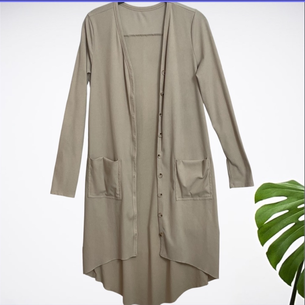 Long Creamy Tan Button-Up Cardigan with pockets